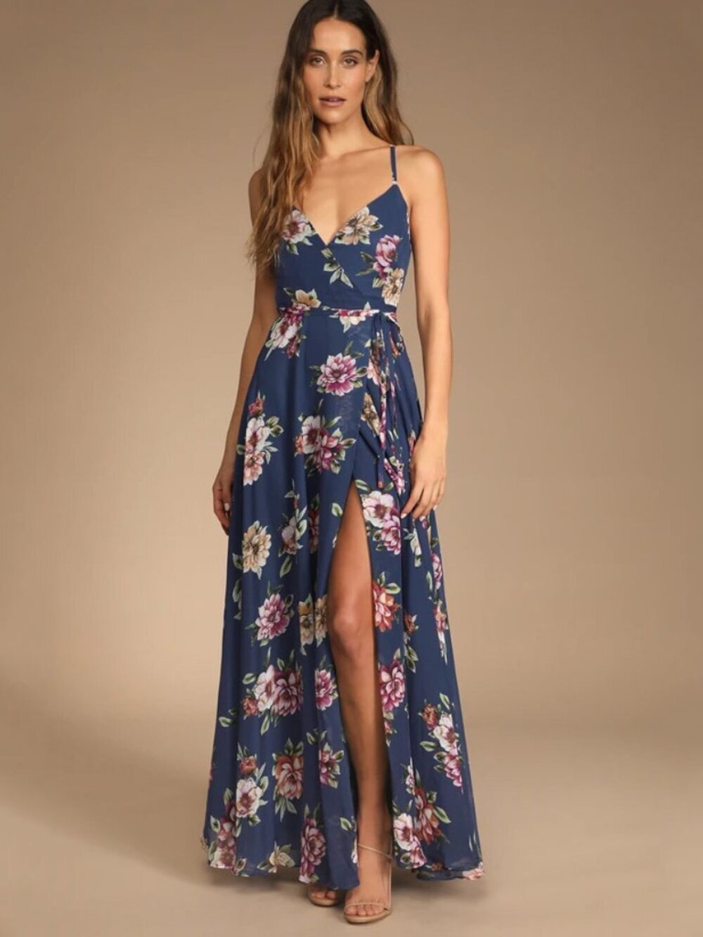 Lulus Always There For Me Navy Blue Floral Print Wrap Maxi Dress Size Small